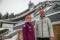 The picture shows the ski jumper Katharina Althaus and the Nordic combined athlete Johannes Rydzek in front of the ski jumping facility in their home town Oberstdorf