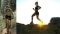 Das Bild zeigt eine Frau beim Joggen und einen Mann beim Downhill Radfahren im Wald