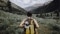 The picture shows a hiker and a few sheep in nature